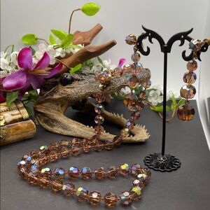 Peachy amber AB crystal and brass necklace and earrings set vintage A45
